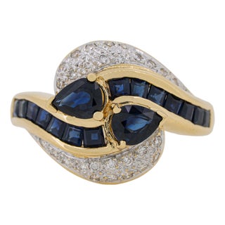 Vintage Blue Sapphire Diamond 18k Gold Ring Size 6.75 For Sale