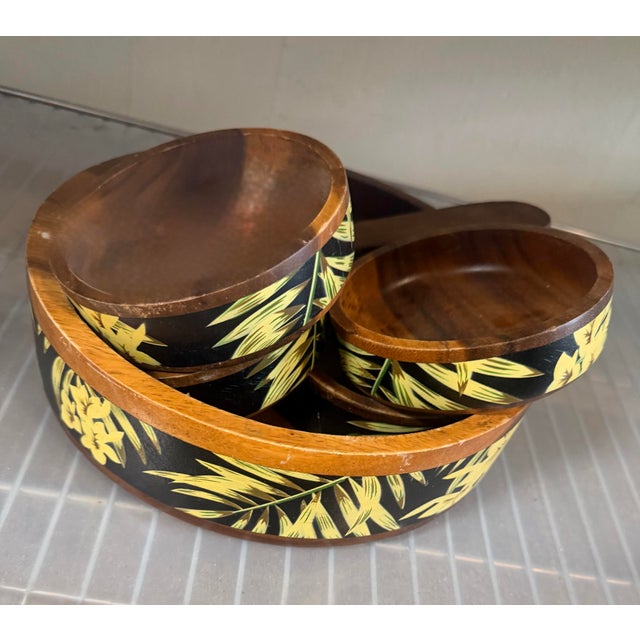 Wood Vintage Handcrafted Wooden Black Lacquer & Bamboo Salad Serving Set - 6 pcs For Sale - Image 7 of 12