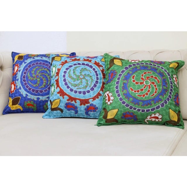 15"x16" Hand Embroidered Silk and Cotton Cushion Cover. Blue Toss Pillow Cover For Sale - Image 4 of 5