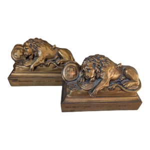 Antique Bronze Lion Bookends, Swiss Guard, Helvetiorum Fidei Ac Virtuti- Set of 2