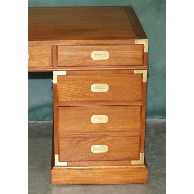 Vintage Teak & Brass Military Campaign Pedestal Desk from Harrods Kennedy For Sale - Image 4 of 16