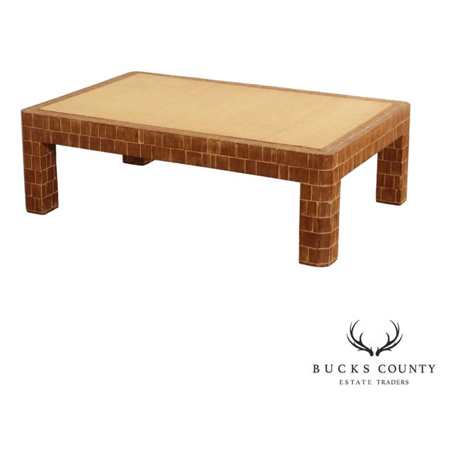 Mid Century Modern Wooden Block Carved Tile Parsons Coffee Table with Wicker Top For Sale