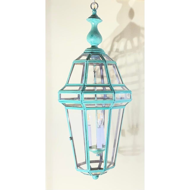 1980s Vintage Solid Brass French Style – Verdigris – Hexagonal Chandelier -31”h X 12”w For Sale - Image 5 of 17