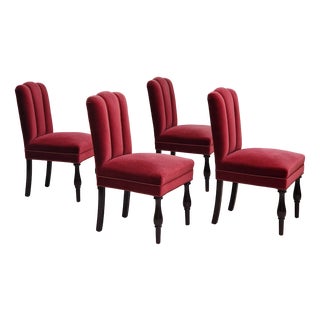 Danish Dinning Chairs in Oak Wood & Cherry-Red Velour, 1950s, Set of 4 For Sale