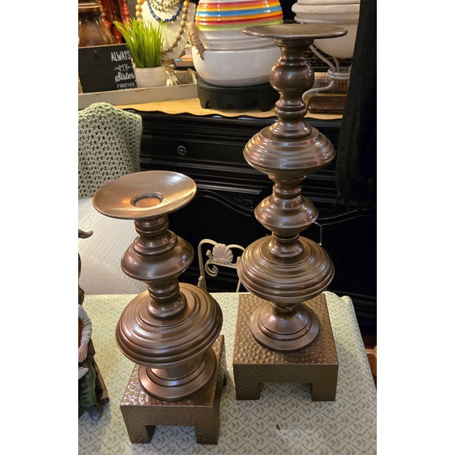 Metal Vintage Carolyn Kinder Copper Finish Hammered Metal Pillar Candle Holders For Sale - Image 7 of 9