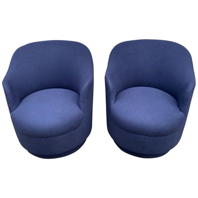 Mid 20th Century Navy Blue Upholstered Swivel Chairs Attributed to Milo Baughman - A Pair For Sale - Image 9 of 9