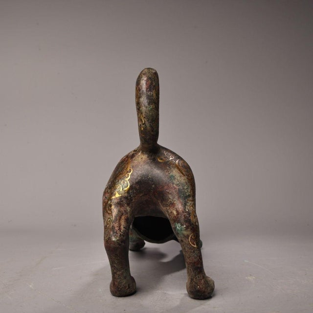 Antique Chinese Bronze Gold-Inlaid Mythical Beast (Wolf/Dog) Sculpture For Sale - Image 4 of 10