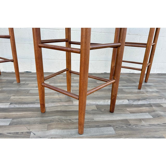 1970s Set of 6 Danish Modern Style Solid Wood Bar Stools With Woven Rush Seats For Sale - Image 11 of 12
