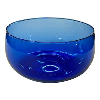 Mid Century Blue Glass Handblown Bowl For Sale