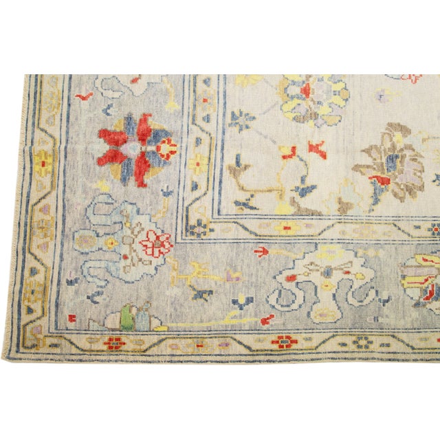 2010s Multicolor Floral Oushak Modern Wool Rug Handmade in Beige For Sale - Image 4 of 7