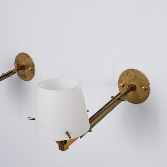 Italian Brass, Green Metal and Opaline Glass Wall Sconces, 1950s, Set of 2 For Sale - Image 12 of 14