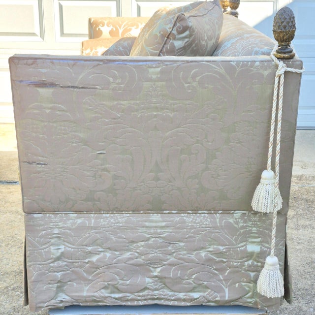 Vintage George Smith Style Silk Damask Knole Sofa 81” Long With Hinged Sides Pineapple Finials Down Cushions For Sale - Image 13 of 17