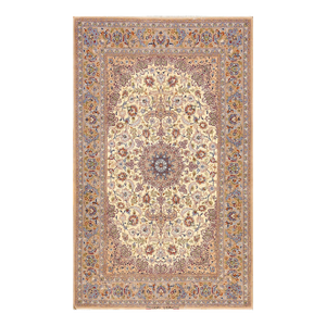 1940s Small Ivory Medallion Floral Mid Century Isfahan Handknotted Wool Rug