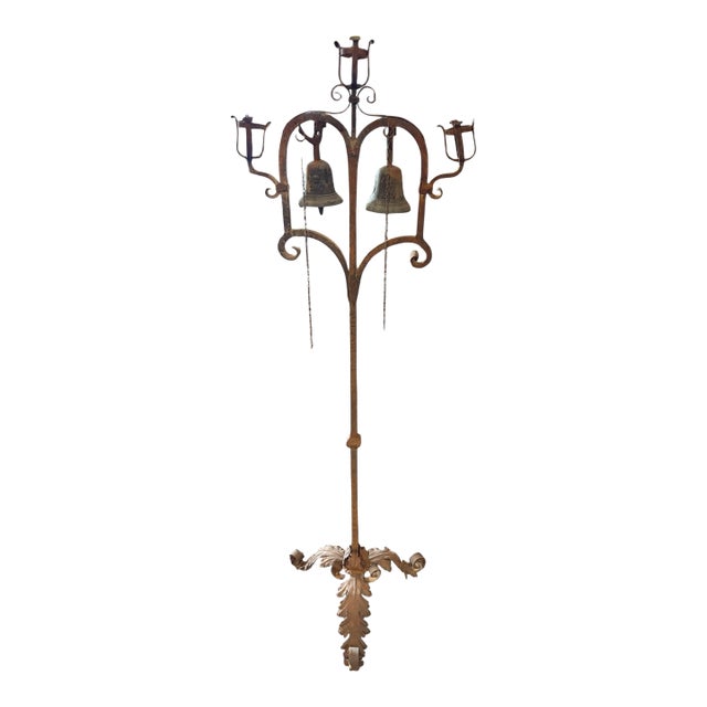 18th Century Style Wrought Iron Standing Candelabra With Bronze Bells For Sale