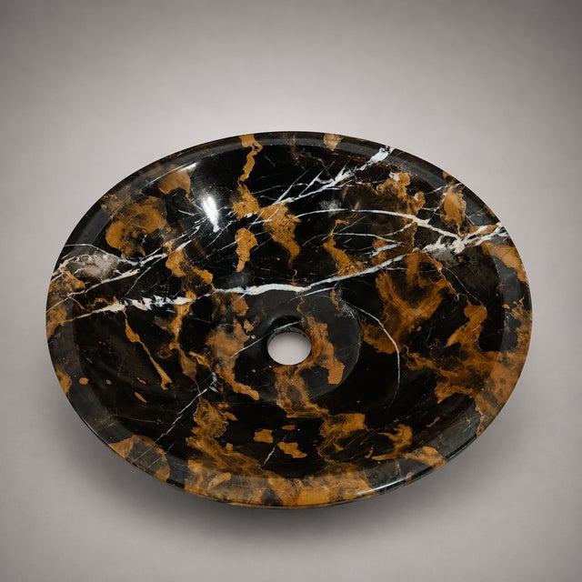 Black & Gold Marble Vessel Sink – Natural Stone Bathroom Basin - 16" X 16" X 6" - By Zarva Stone For Sale - Image 9 of 11