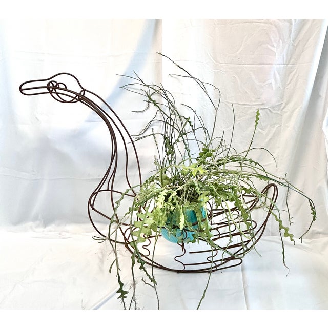Coastal Large Vintage Wire Swan Planter – Rustic Metal Garden Sculpture Coastal Cottage Decor For Sale - Image 3 of 9