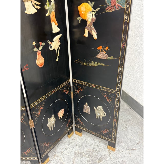 Wood Chinese Black Lacquer Four-Panel Folding Screen + Soapstone Inlay, Vintage For Sale - Image 7 of 12