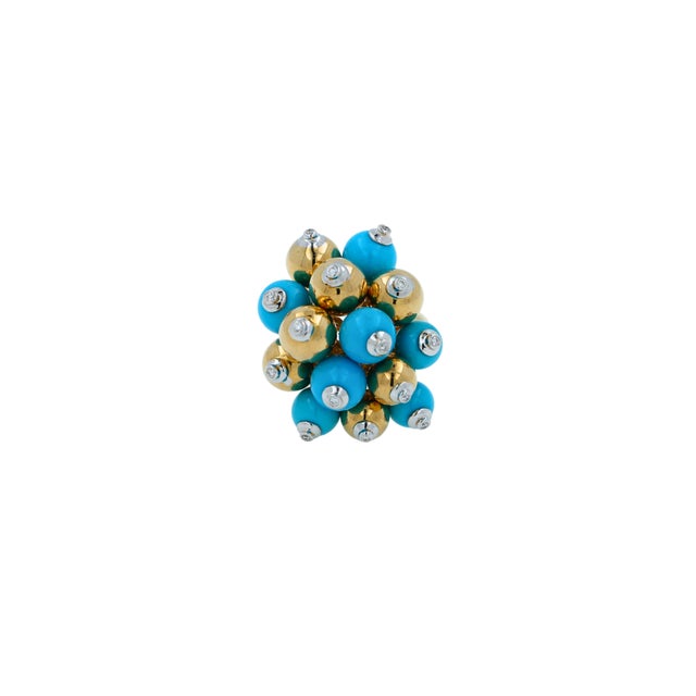 Blue Turquoise Diamonds Golden Spheres Balls Christmas Bells Motif 18k Gold Ring, Size 6 For Sale - Image 14 of 14
