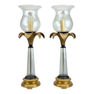 Vintage Hollywood Regency Coastal Brass Palm Hurricane Shade Frederick Cooper Style Table Lamps - a Pair For Sale