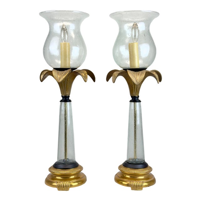 Vintage Hollywood Regency Coastal Brass Palm Hurricane Shade Frederick Cooper Style Table Lamps - a Pair For Sale