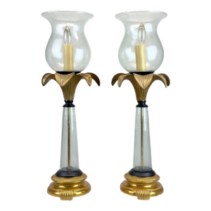 Vintage Hollywood Regency Coastal Brass Palm Hurricane Shade Frederick Cooper Style Table Lamps - a Pair