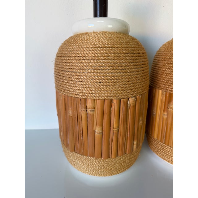 Wood Pair of Vintage Coastal Organic Ceramic Table Lamps With Bamboo and Rope Wrap, 1970s For Sale - Image 7 of 12