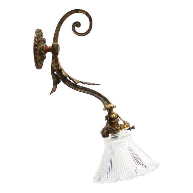 Art Nouveau French Copper & Brass Holophane Glass Sconce For Sale