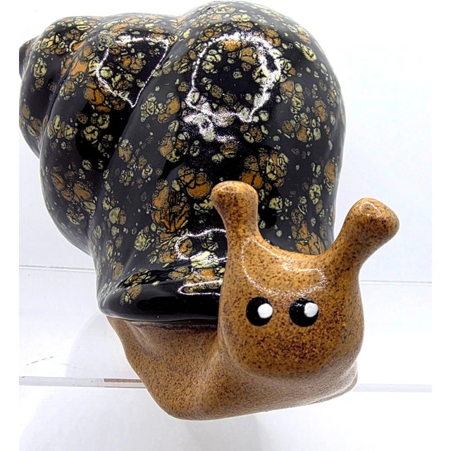 1990s Vintage MCM Studio Art Ceramic Unique Black Speckled Shell Glaze Snail Figurine For Sale - Image 5 of 7