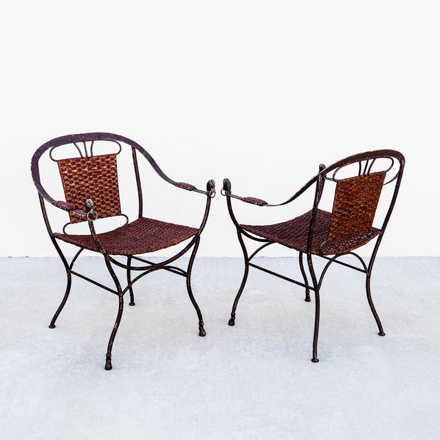 Vintage Iron and Leather Strap Horseshoe Back Curule Accent Chairs For Sale - Image 14 of 15