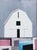 This artwork depicts a minimalist representation of a barn, rendered in stark white against a muted gray sky. The...