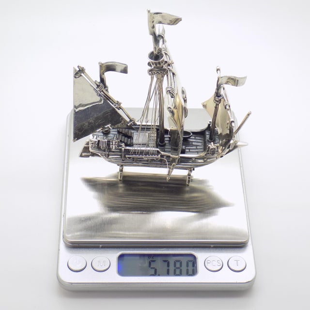 Vintage Italian Handmade Genuine Sterling Silver Large and Rare Crusade Sailing Ship Figurine For Sale - Image 10 of 11