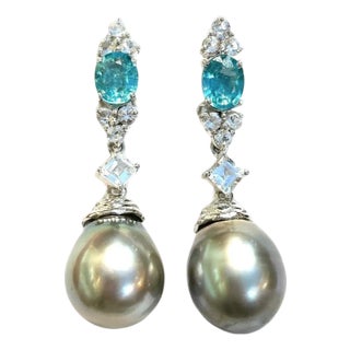 Bochic "Orient" Vintage Blue Appetite & White Topaz Earrings Set 18K Gold&Silver For Sale