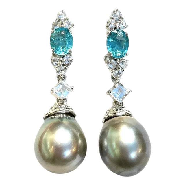 Bochic "Orient" Vintage Blue Appetite & White Topaz Earrings Set 18K Gold&Silver For Sale
