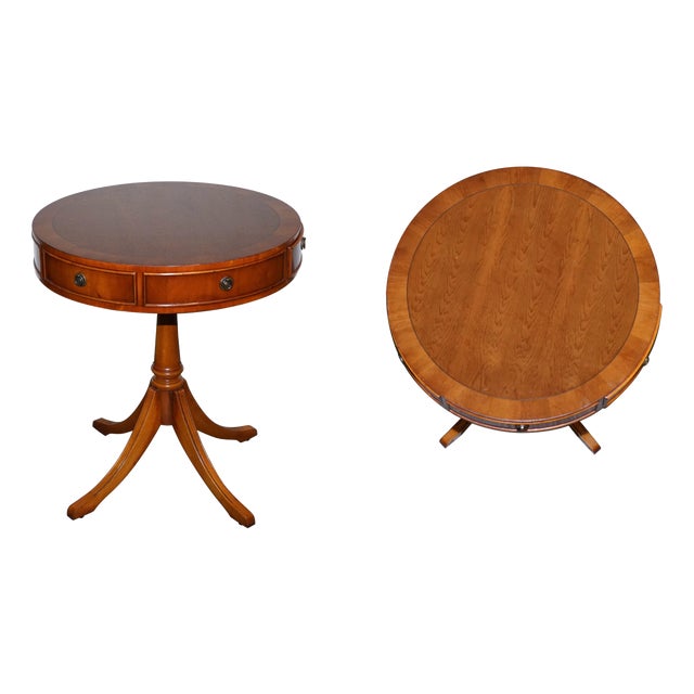 Vintage Yew Wood Circular Drum End Side Lamp Table For Sale