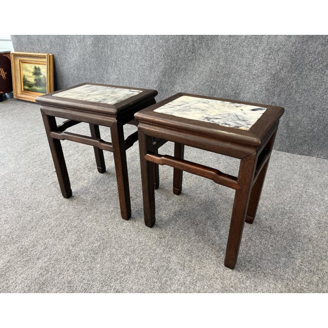 Mid-Century Modern Late 20th Century Pair of Marble Top Tables/Stools For Sale - Image 3 of 9