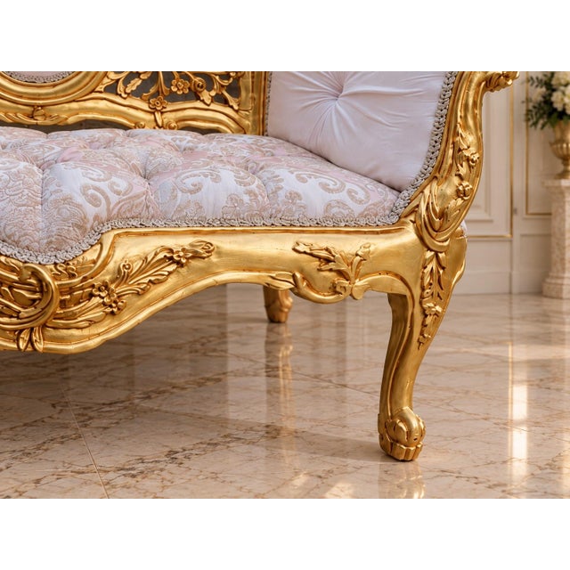 Late20C French Louis XVI Gold Pink Damask Settee For Sale - Image 4 of 11
