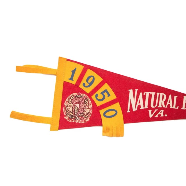 Vintage red felt flag pennant from the Natural Bridge in Virginia. Features a small image of the bridge itself with the...