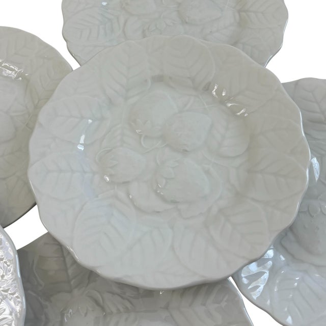 Mid 20th Century Mid 20th Century Set of 8: Vintage Fondeville Alvarez Spain Strawberry Majolica White Salad Dessert Plates For Sale - Image 5 of 6