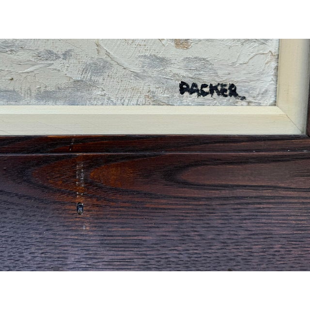 Richard G. Packer (American 1916 – 1998) North Conway, New Hampshire snow landscape oil painting of a maple syrup harvest....