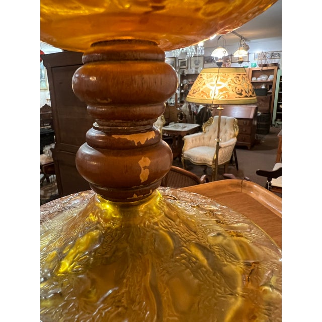 Pair Mid Century Modern Amber Articulated Brass and Wood Table Lamp For Sale - Image 11 of 12