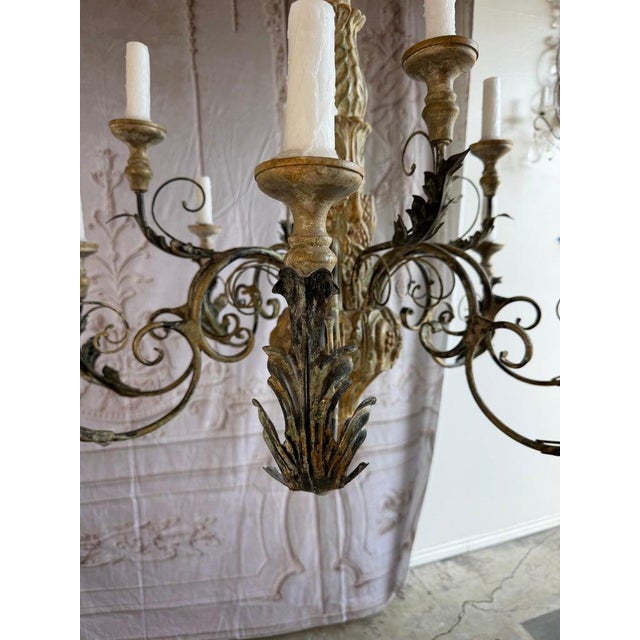 Dark Green Monumental Italian Rococo Painted Wood & Wrought Iron 12-Light Chandelier For Sale - Image 8 of 14