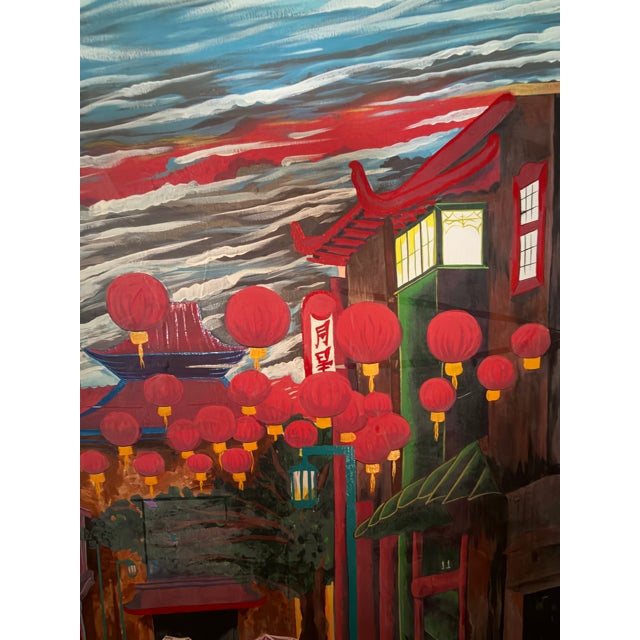 Late 20th Century Lantern-Lit Los Angeles Chinatown Street Scene, Original Acrylic on Canvas For Sale In Los Angeles - Image 6 of 8
