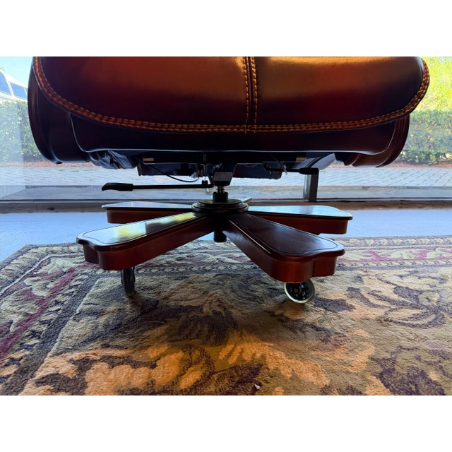 Burgundy Vintage Presidential Tufted Oxblood Leather & Mahogany Reclining Executive Swivel Office Chair For Sale - Image 8 of 8