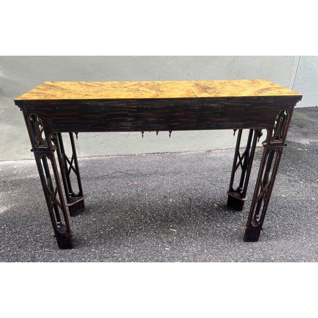 1990s Chinese Chippendale Chinoserie Faux Marble Top Console / Sofa Tables a Pair For Sale - Image 12 of 18