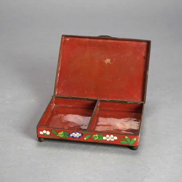 Antique Chinese Bronze Cloisonne Floral Enameled & Footed Cigar Box with Divided Interior C1920 Measures - 1.5"H x 6.25"W...