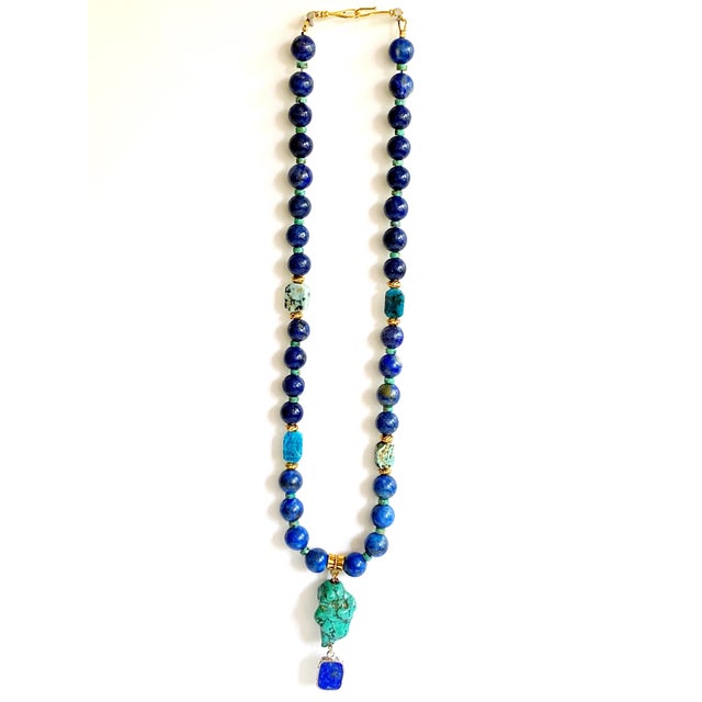 One-of-a-Kind Lapis Lazuli & Turquoise Statement Necklace | Vintage Turquoise Pendant | Artisan Bohemian Luxury Jewelry For Sale - Image 15 of 17