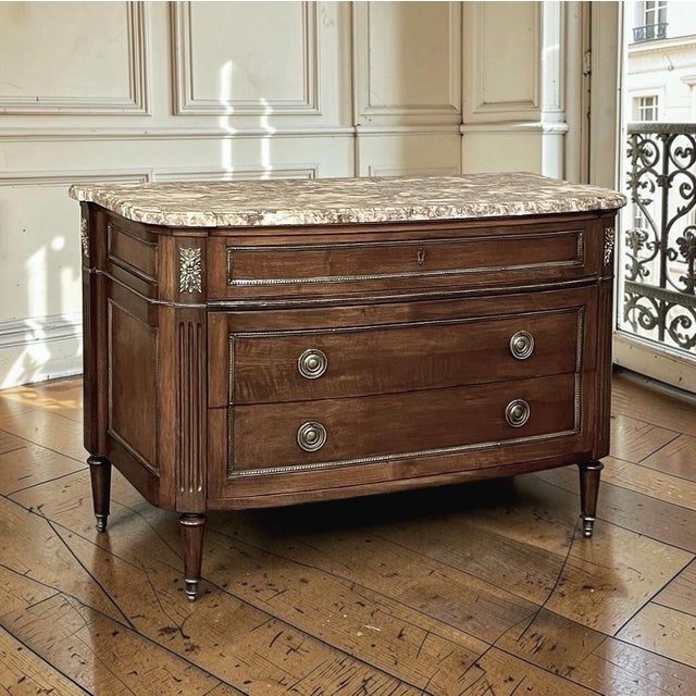 French Antique French Louis XVI Marble Top Walnut Commode For Sale - Image 3 of 17