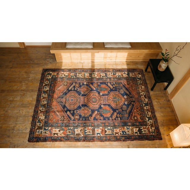 Red 1930s Blue Navy Medallion Tribal Antique W. Persian Kurdish Rug 4' X 6'6" Knotted Wool Carpet For Sale - Image 8 of 9