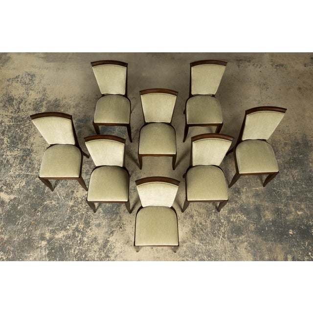 Art Deco Set of 8 French Art Deco Walnut Dining Chairs in Sprout Green, 1930s For Sale - Image 3 of 18