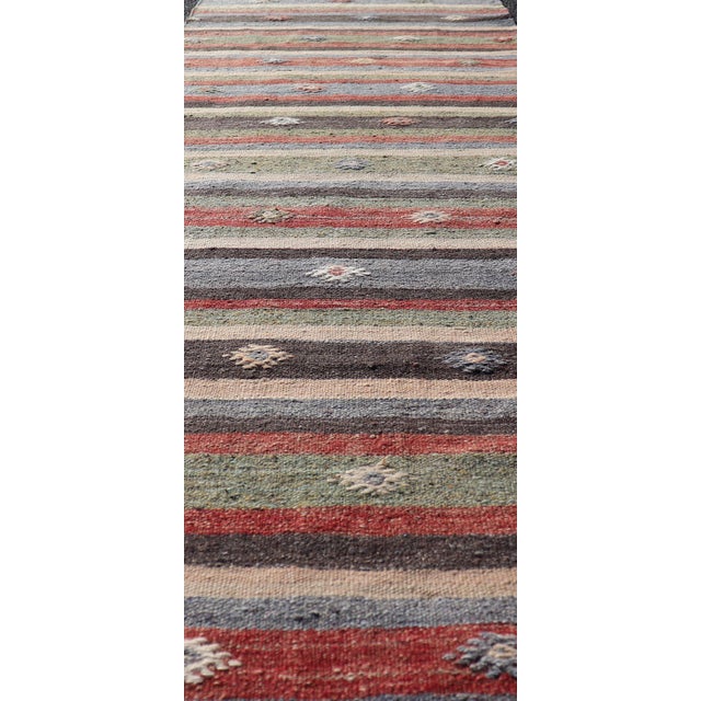 Copper Turkish Vintage Kilim Striped Runner With Tribal Motifs in Copper and Greens For Sale - Image 8 of 11